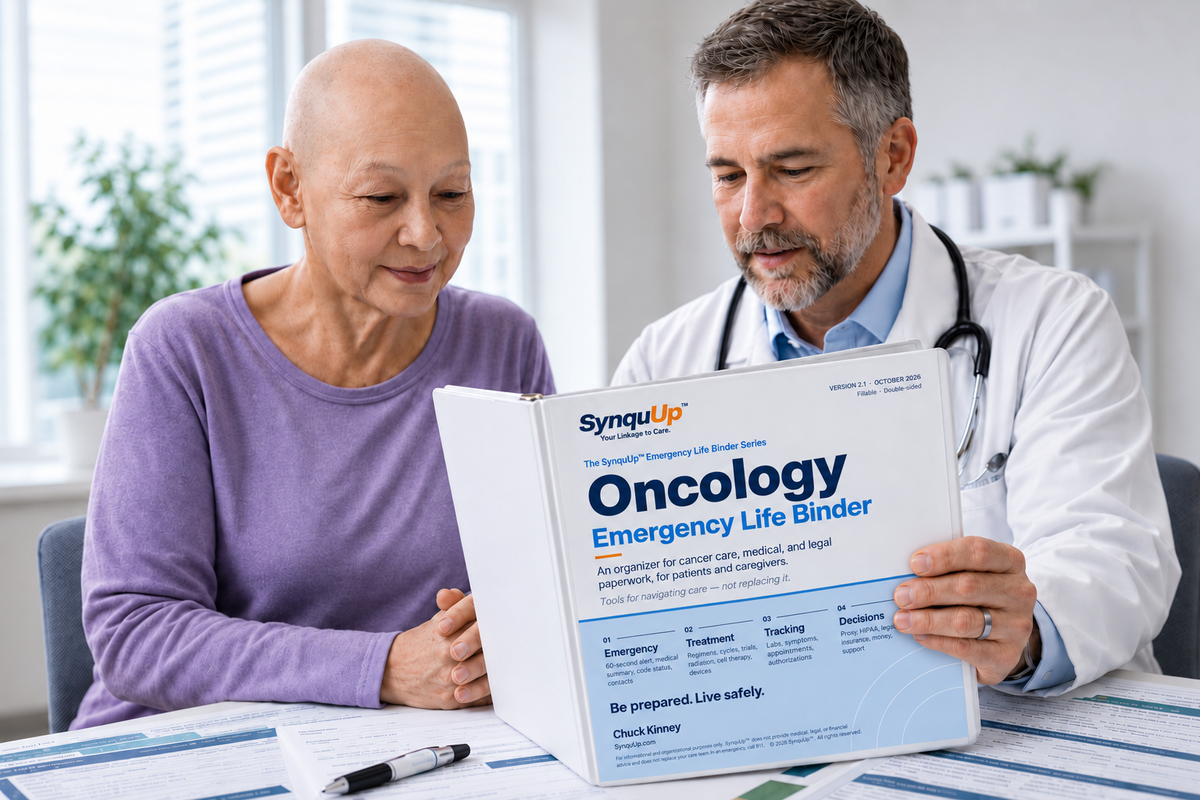A patient and her doctor reviewing the SynquUp Oncology Emergency Life Binder together