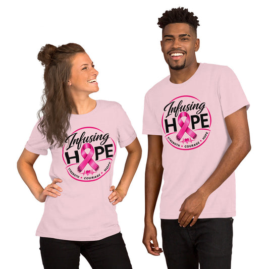 Pink unisex Infusing Hope t-shirt: Strength, Courage, Hope with pink ribbon and heartbeat