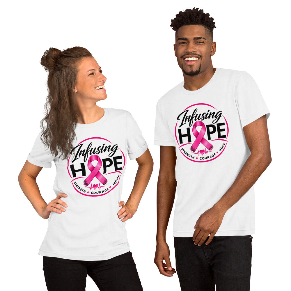 White unisex Infusing Hope breast cancer awareness t-shirt with pink ribbon HOPE design