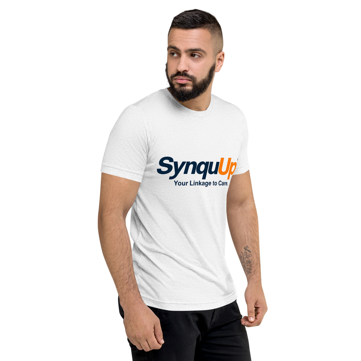 SynquUp™ “Your Linkage to Care.” white tri-blend t-shirt, right front angle