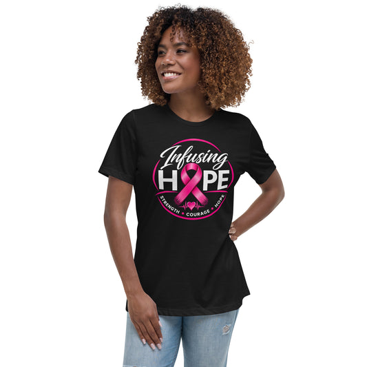 Black Infusing Hope t-shirt: Strength, Courage, Hope with pink ribbon and heartbeat