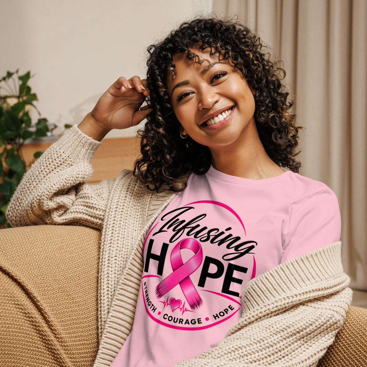 Pink women's relaxed Infusing Hope t-shirt, front view