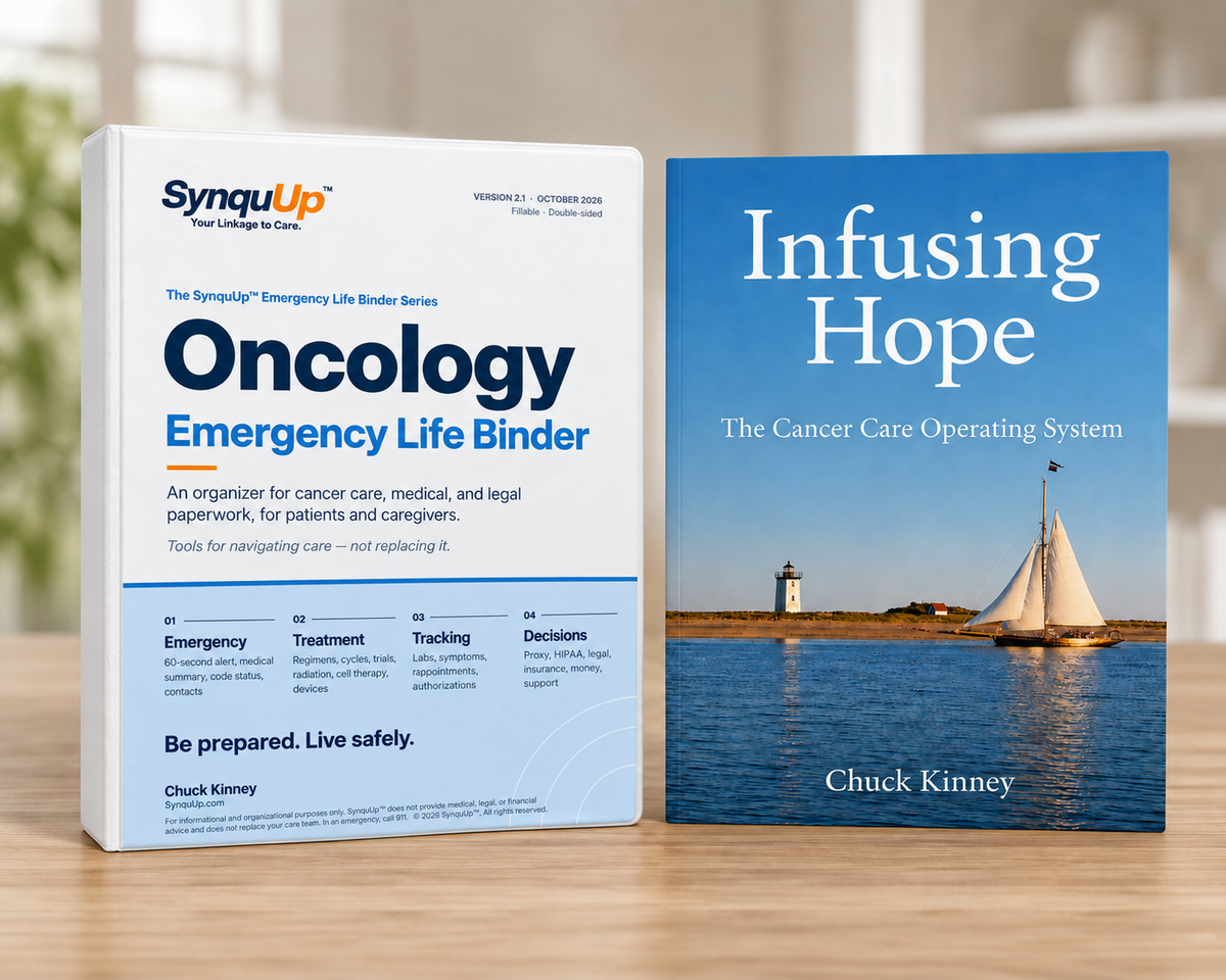 Infusing Hope book beside the SynquUp Oncology Emergency Life Binder