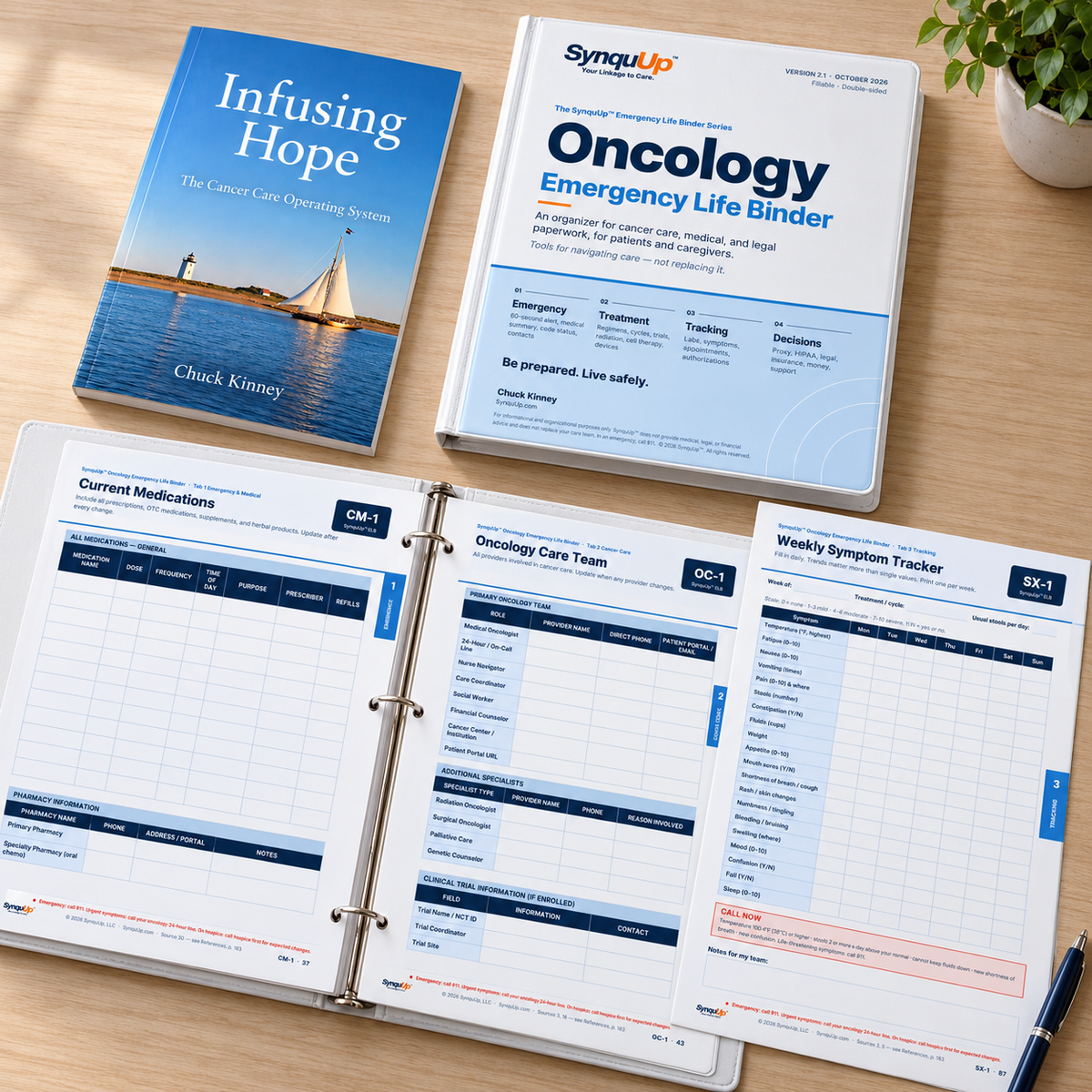 Inside pages of the SynquUp Oncology Emergency Life Binder
