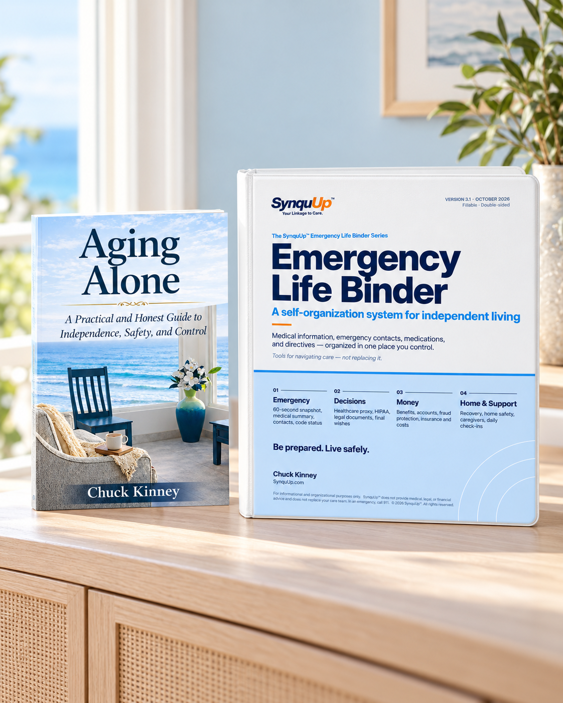 Aging Alone and SynquUp Emergency Life Binder in a sunlit room