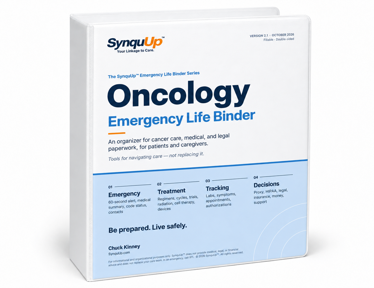 SynquUp Oncology Emergency Life Binder Version 2.1 mockup