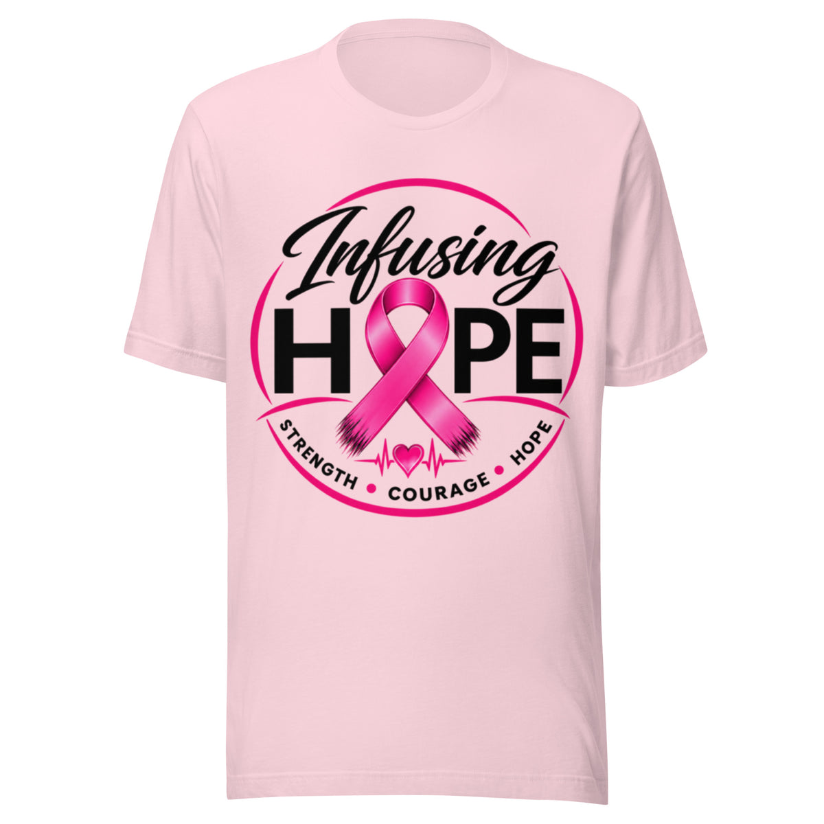 Soft pink unisex Infusing Hope breast cancer awareness t-shirt with pink ribbon HOPE design