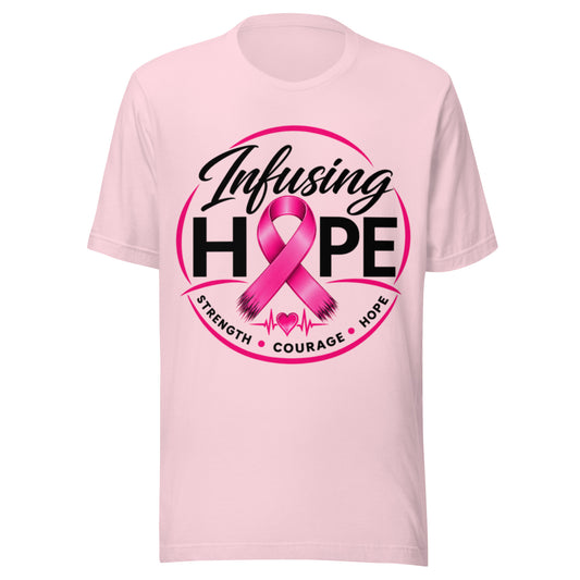 Soft pink unisex Infusing Hope breast cancer awareness t-shirt with pink ribbon HOPE design