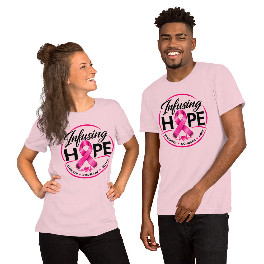 Pink unisex Infusing Hope t-shirt: Strength, Courage, Hope with pink ribbon and heartbeat