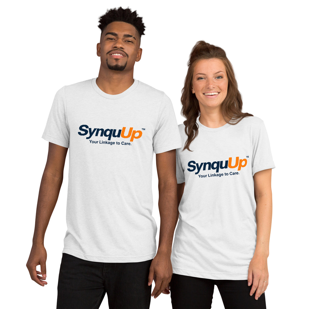 White tri-blend t-shirt with the SynquUp™ logo and “Your Linkage to Care.” tagline