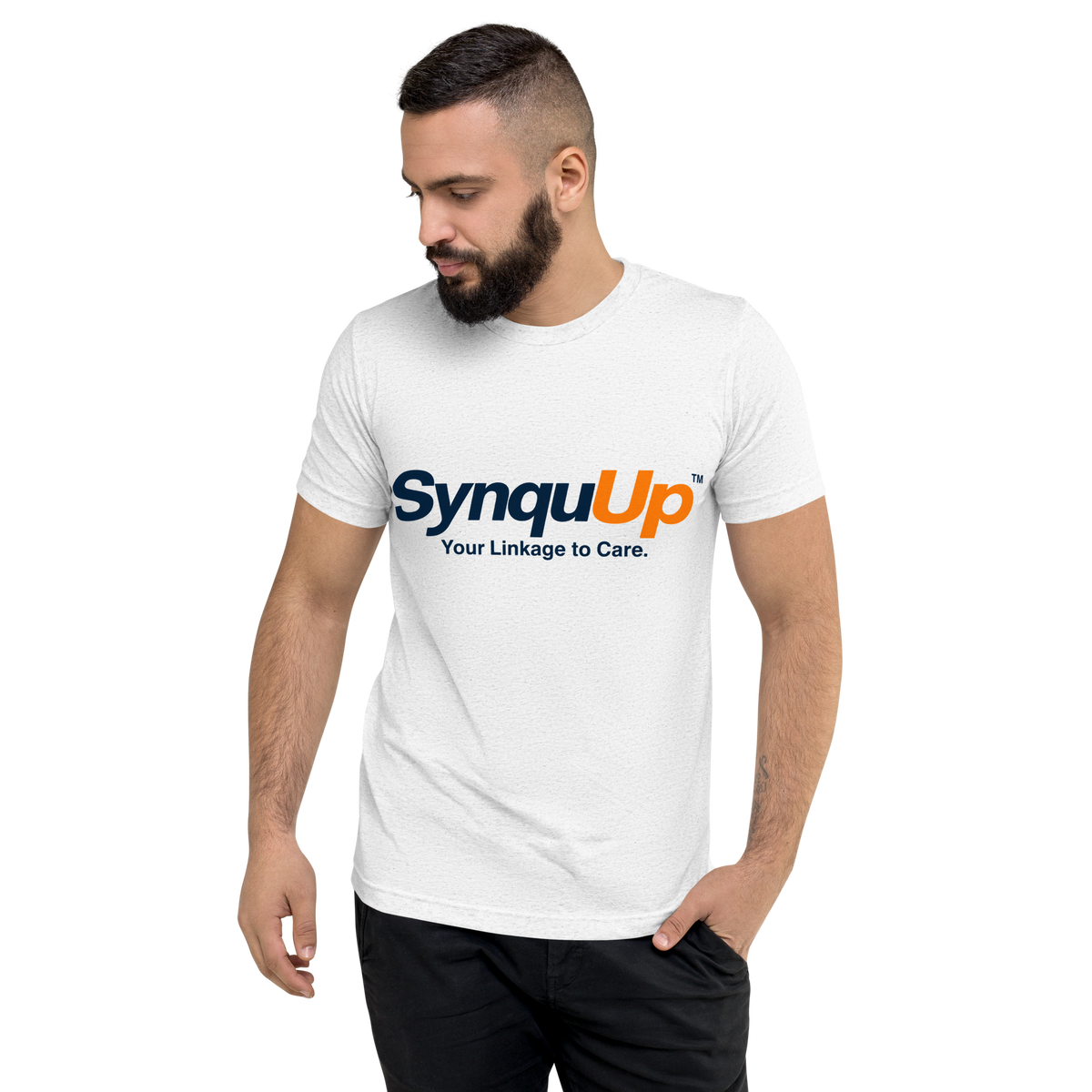 White SynquUp™ tri-blend t-shirt, front view, with the navy and orange SynquUp™ logo and the tagline “Your Linkage to Care.”