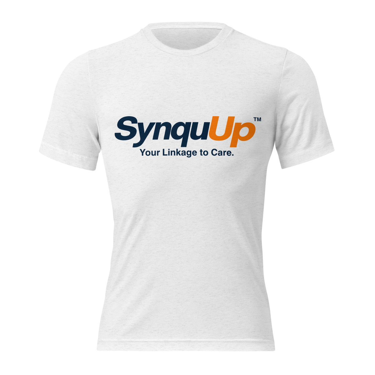 SynquUp™ “Your Linkage to Care.” white tri-blend t-shirt, front view