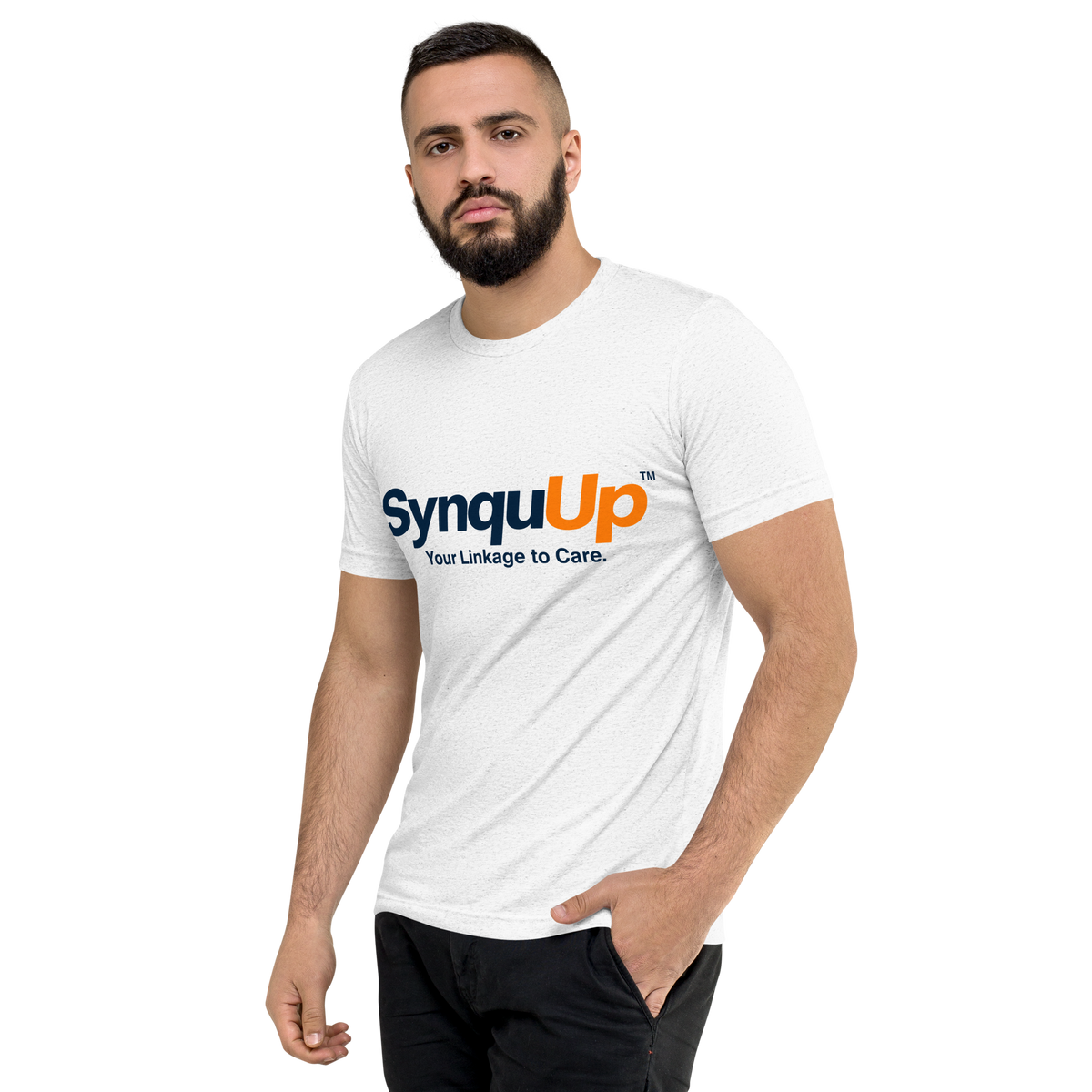 SynquUp™ “Your Linkage to Care.” white tri-blend t-shirt, left front angle