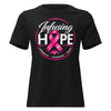 Black women's relaxed Infusing Hope breast cancer awareness t-shirt with pink ribbon HOPE design