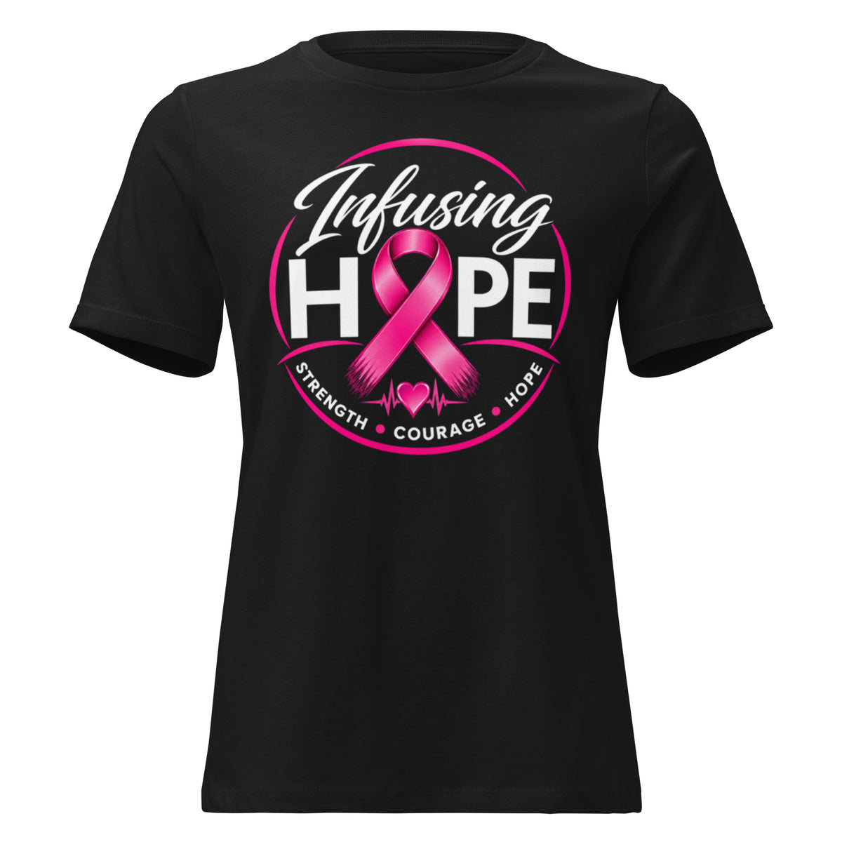 Black women's relaxed Infusing Hope breast cancer awareness t-shirt with pink ribbon HOPE design