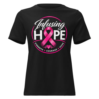 Black women's relaxed Infusing Hope breast cancer awareness t-shirt with pink ribbon HOPE design