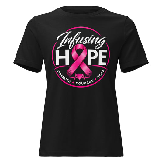 Black women's relaxed Infusing Hope breast cancer awareness t-shirt with pink ribbon HOPE design