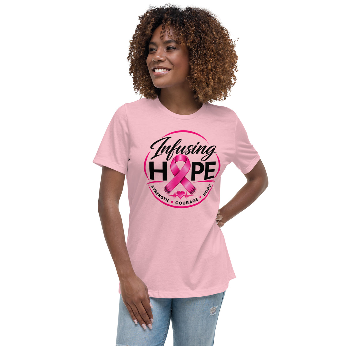 Pink Infusing Hope t-shirt: Strength, Courage, Hope with pink ribbon and heartbeat