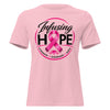 Pink women's relaxed Infusing Hope breast cancer awareness t-shirt with pink ribbon HOPE design