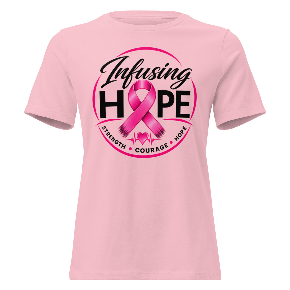 Pink women's relaxed Infusing Hope breast cancer awareness t-shirt with pink ribbon HOPE design