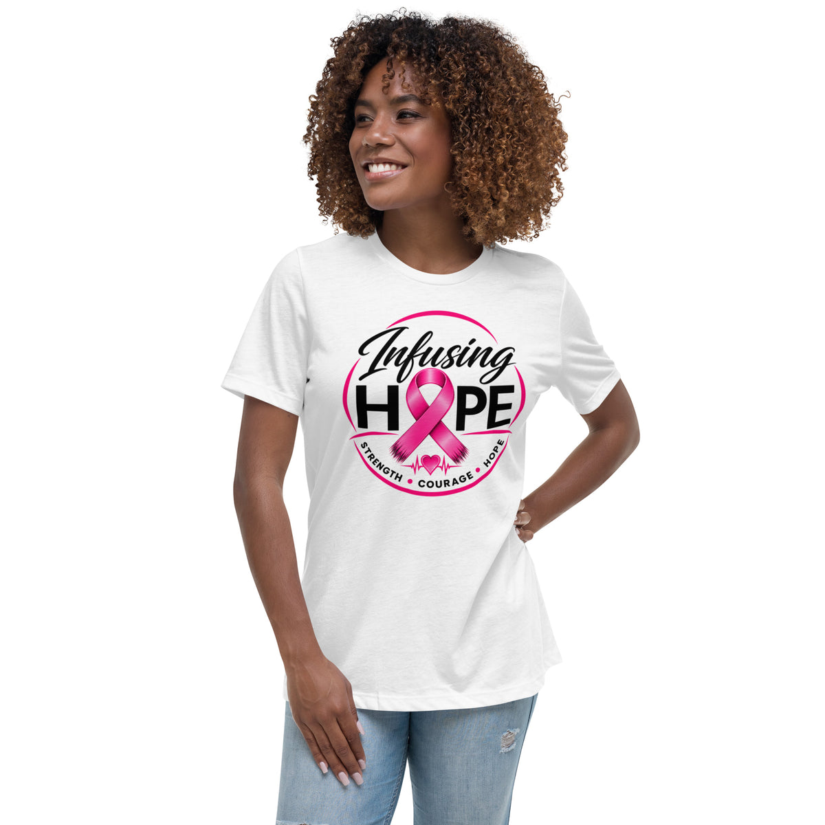 White Infusing Hope t-shirt: Strength, Courage, Hope with pink ribbon and heartbeat