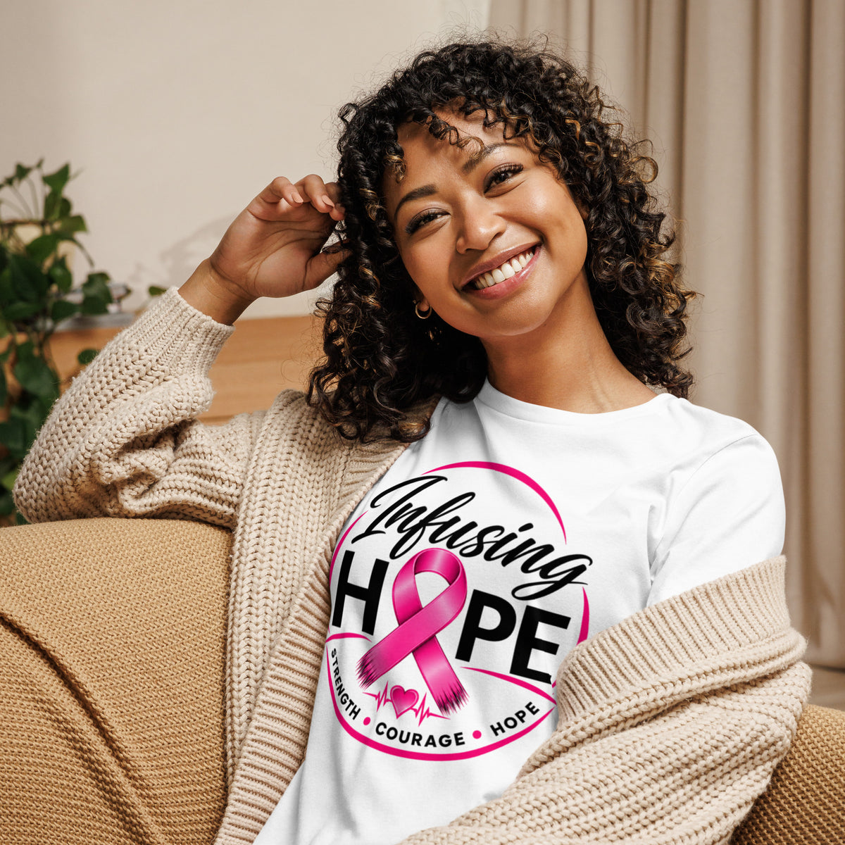 White women's relaxed Infusing Hope t-shirt, front view