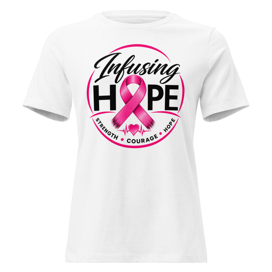 White women's relaxed Infusing Hope breast cancer awareness t-shirt with pink ribbon HOPE design
